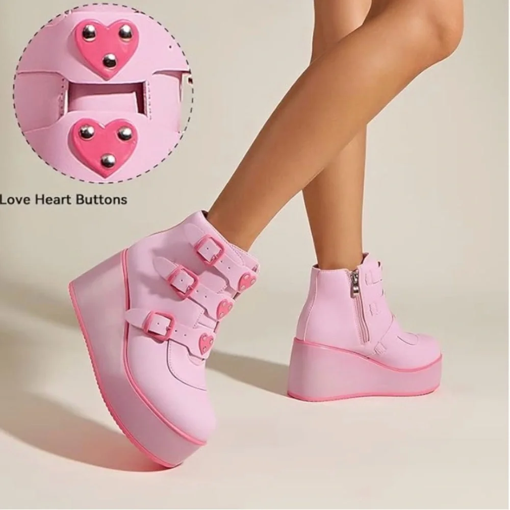 Pink Platform Wedge Ankle Boots with Heart Buckles